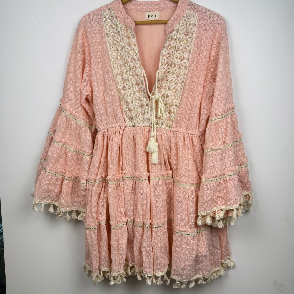 POL Boho Pink Dobby Tiered Mini Dress Sequin Embroidered Tassel Bell Sleeve S